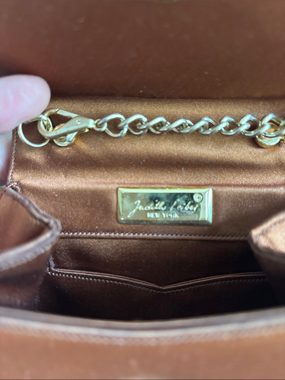 Judith Leiber Satin Mini Bag with Gold Chain - Copper Brown - Picture 3 of 7